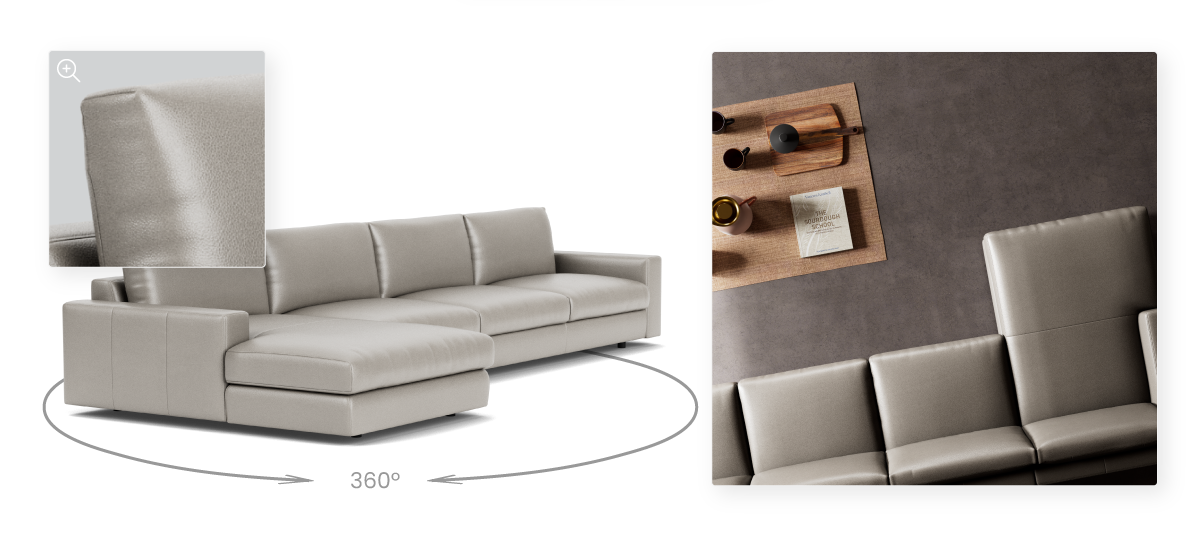 Furniture product page experience with 360 views and zoom