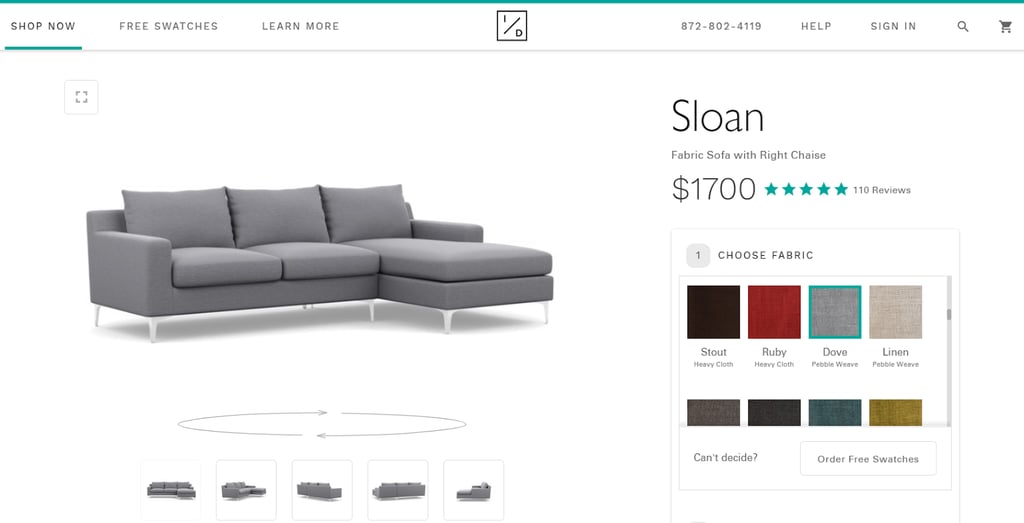 Product visualization and zoom on Interior Define sofa Sloan